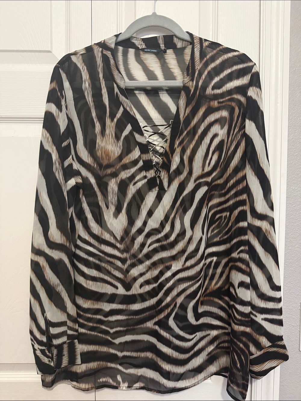 Marciano Cream and Brown Zebra-Print Lace-Up Blouse